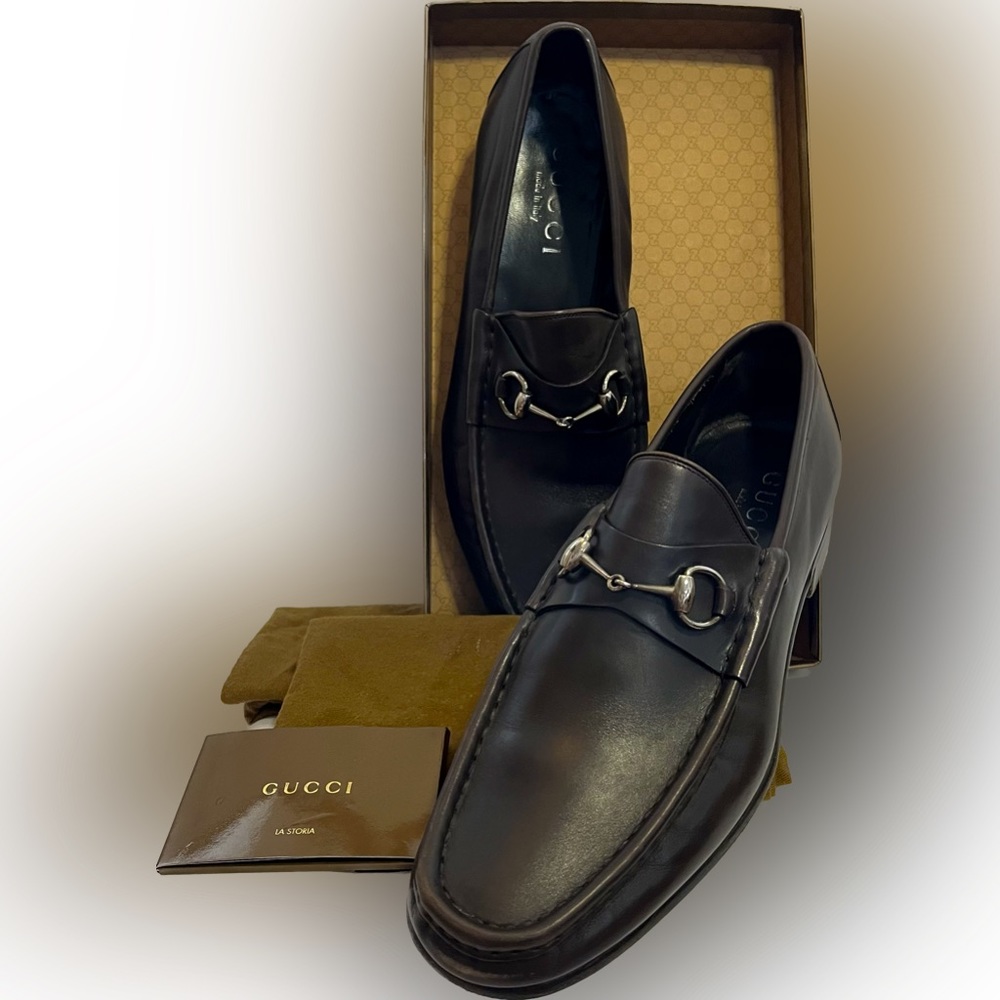 Gucci Men's Brown Leather Horsebit Loafers - Size 11 1/2 D - Box and pap…